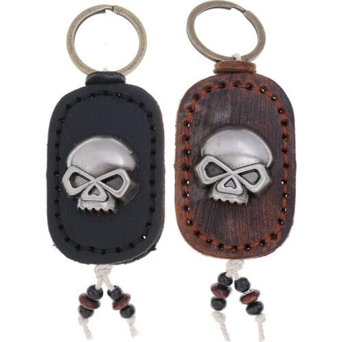 Punk Rock Gothic Men Keychain Metal Skull Genuine Leather Charm Car Keyring Alien Key Rings Bag Accessories Retro Hiphop Jewelry