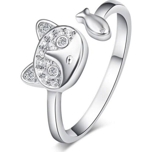 Open Cat Silver Rings 100% Guaranteed Real 925 Sterling Silver Jewelry Ring with Cubic Zirconia