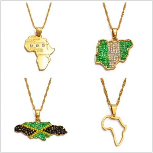 Anniyo Color Flag Nigeria Jamaica With Rhinestone Africa Maps Pendant Necklaces Ethnic Jewelry #122721