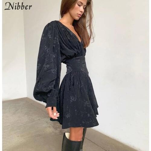 NIBBER College Style Black Print Elegant Puff Sleeve Mini Dresses For Women Winter Casual Streetwear Party Pleated Dress Female