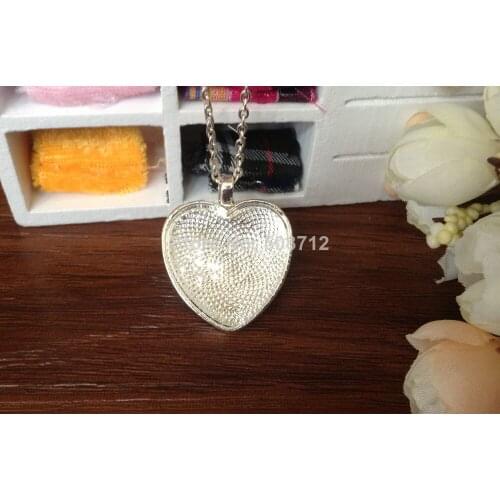 50 sets Silver plated Color Pendant Trays 25mm Heart bezel Cup Cabochon Mountings with matched Glass Cabs and Chain with clasp