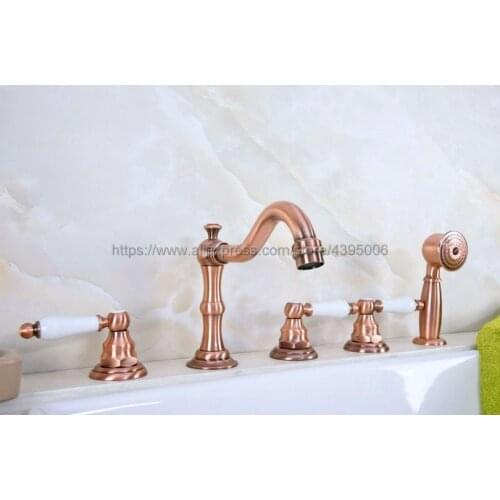 Bathtub Faucet Widespread 3 Cross Handles Roman Tub Faucet 5 Holes Deck Mount Bath Tap with Handshower Btf226