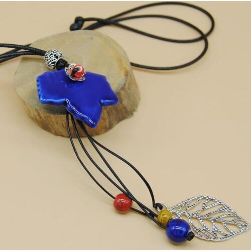 Vintage Rope Chains Necklace Ceramic Beads Pendant Silver Color Leaf Leaves Necklaces Long Sweater Accessories Woman Men Jewelry