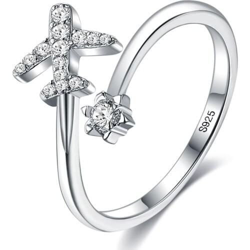 ZEMIOR 925 Sterling Silver Flying Plane Open Finger Rings For Women Clear CZ Adjustable Rings Fine Silver Jewelry New Arrival