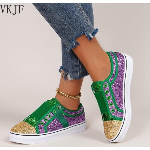 2021 Women Lace Up Sneakers Glitter Autumn Flat Vulcanized Ladies Bling Casual Female Fashion Platform Fashion Flat Shoes