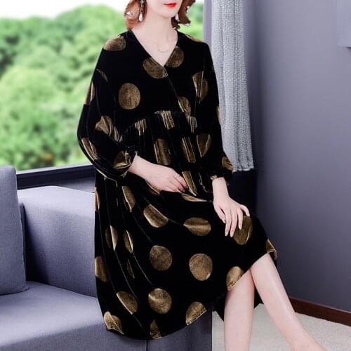 2021 New Women Black Velvet Dot Loose Midi Dress Elegant Bodycon Party Runway Vestidos Sping Autumn Korean Vintage Casual Dress