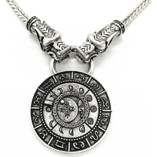 God Of Sun Moon Star Zodiac Charms Constellation Pendants Viking Jewelery Necklaces With Long Wolf Heads Chain