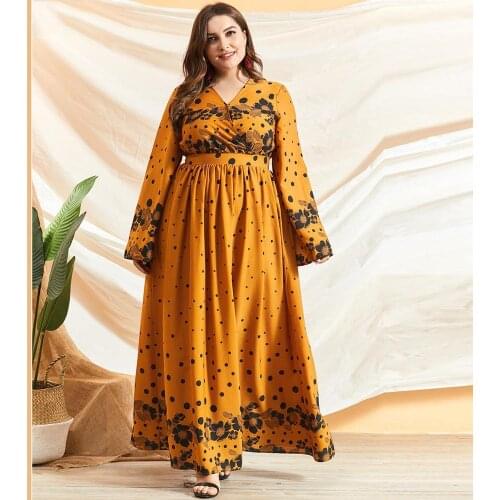 Ginger Floral Dots Maxi Dresses for Women V Neck Long Flare Sleeve High Waist Pleated Big Hem Bohemian Dress Beach Party Dress