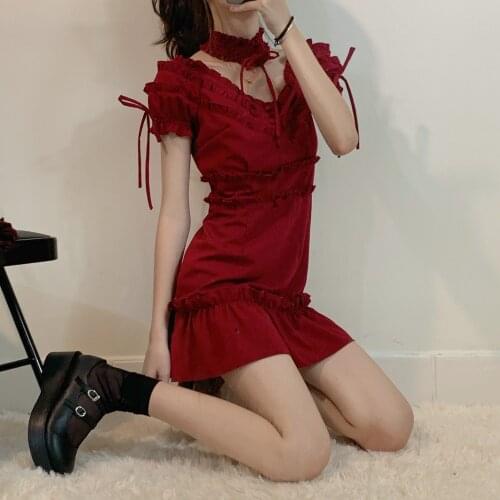 Summer Women Red Dress Gothic Harajuku Punk Vintage Dress Streetwear Short Sleeve Casual Fashion Mini Dress