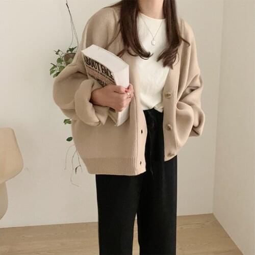 Winter Women Warm Thick Sweater V-neck Long Cardigan Solid Color Loose Casual Fashion Sweater Thick Warm Jacket Knit Cardigan