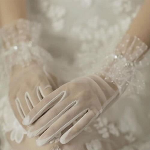 1 Pair Princess Girls Elegant Short Gauze Artificial Pearl Mesh Gloves Bride Wedding Dress Accessories Photo Props