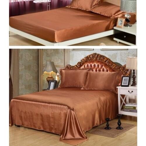 4PCS Brown Bed Sheets Satin Silk Bedding set Flat Fitted Sheet bedspreads linens Super King Queen size full twin double 20 color