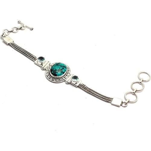 Genuine Mohave Turquoise + Blue Topaz Bracelet 925 Sterling Silver, 19.5 cm, GRP0370