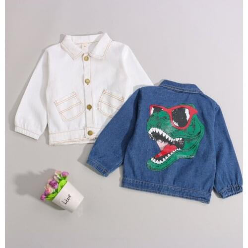 Kids Denim Jacket 2021 Autumn Baby Boys Girls Clothes Dinosaur Print Long Sleeve Lapel Button-down Coat Outerwear with Pockets