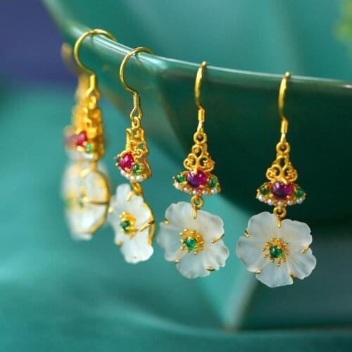 Natural Hetian white jade plum blossom Earrings Chinese retro court style elegant charm exquisite womens silver jewelry