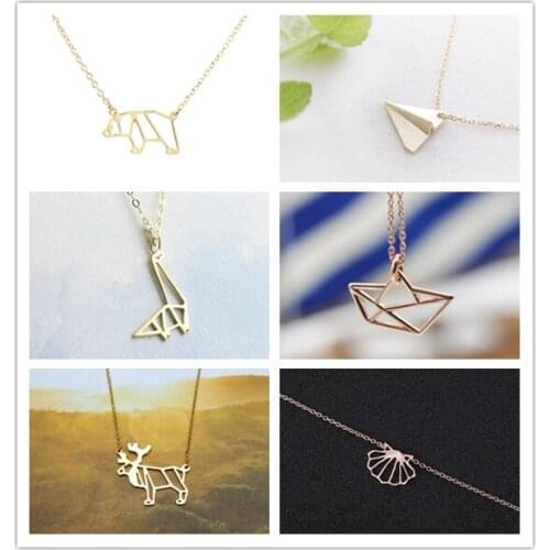Geometric Origami Parper Panda Bear Moose Elk Deer Dinosaur Animal Necklaces Plane Sailboat Sea Shell Pendant Chain Jewelry