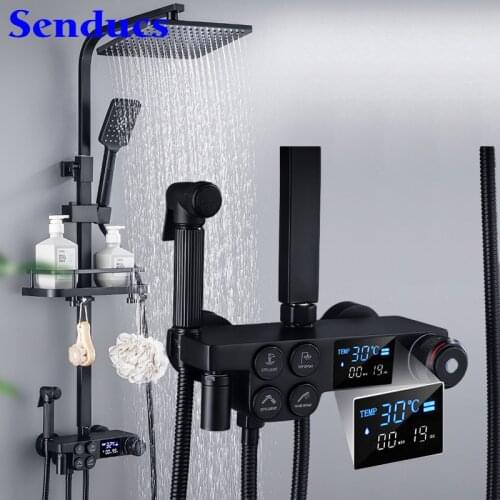 Hot Cold Bathroom Shower Set Luxury Press Handle Matte Black Bath Shower System Rainfall Shower Head Brass Digital Shower Set