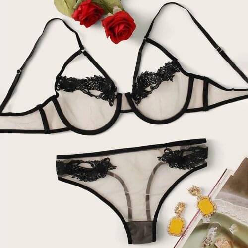 Erotic Lingerie Set Sexy G-String Transparent Gauze+Bra Floral Embroidery Sleeveless Underwear Women Bielizna Damska Hot Sale