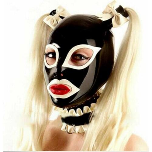 Latex Hood with Golden Wigs and Lace Collar Rubber Mask with Blond Pigtails sex toys chastity erotic adult toys