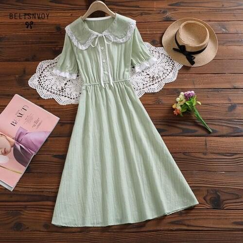 Japanese Mori Girl Sweet Summer Dress Women Peter Pan Collar Cotton Midi Dresses Green Blue A-line Elegant Female Vestidos