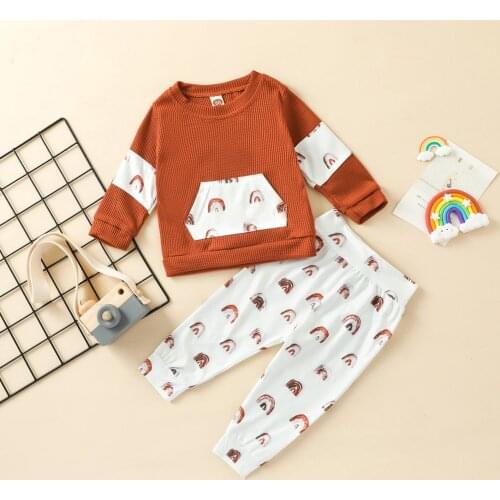 2021 0-3Y Casual Infant Baby Boy Girl Clothing Rainbow Print Patch Long Sleeve Sweatshirt With Pocket+Long Pants Spring Fall Set