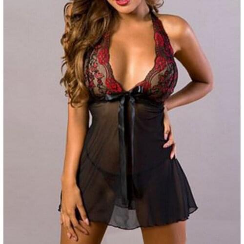 Bodysuit Sexy Lingerie European Clothing New Lace Sexy Pajamas Hot Sale Deep V Black Mesh Transparent Seductive Nightdress Set
