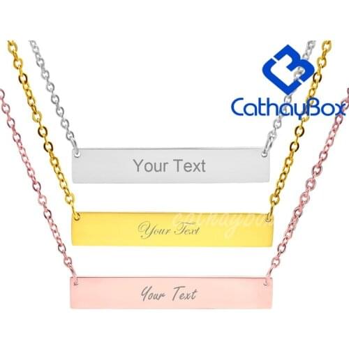 Womens Silver Color Gold Rose Gold Tone personalized Stainless Steel Engrave Name Blank Name Bar Charm Pendant Necklace W/Chain