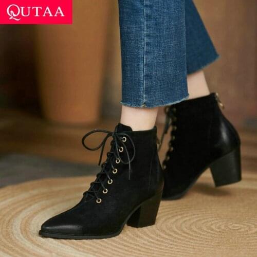 QUTAA 2022 Ankle Boots Winter Genuine Leather Women Shoes Casual Pointed Toe Square High Heel Zipper Short Boots Size 34-42