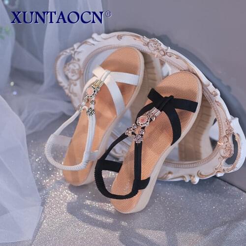 Summer Ladies Roman Gladiator Soft Comfortable Ankle Strap Wedges Sandals Womens Beaded Open Toe Elastic Strap Low Heels Shoes