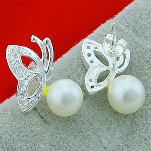 Delicate 925 Sliver Plated Butterfly In The Pearl Earrings Fashion Jewelry For Super Women Trendy Engagement Birthday Gift