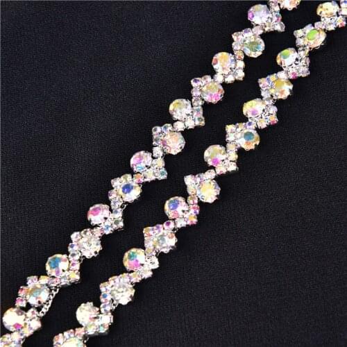 9Mm Width Silver Ab Crystal Round Flower Chain Sew On Rhinestone Hair Dress Decoration Collar Garment Sewing Accessories 1 Yard