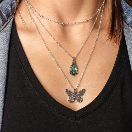 Vintage Multilayer Crystal Butterfly Chain Necklaces for Women Green Drop Choker Necklaces Pendants Female Jewelry Accessories