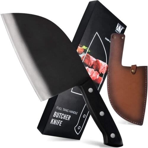 XYJ Full Tang 6.5 Inch Kitchen Knife Camping Butcher Knife Stainless Steel Meat Vegetable Cleaver Leather Sheath with Belt Loop