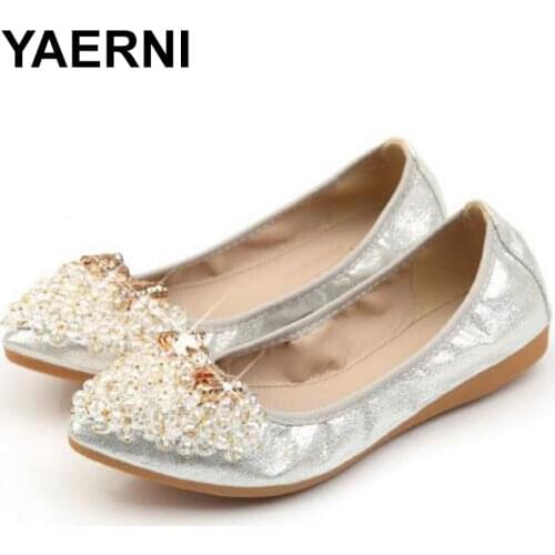 YAERNI Butterfly Knot Pointed Toe Womens Flats 2018 New Arrival String Bead Casual Ballet Flats Plus Size 34-45 Scarpe Donna