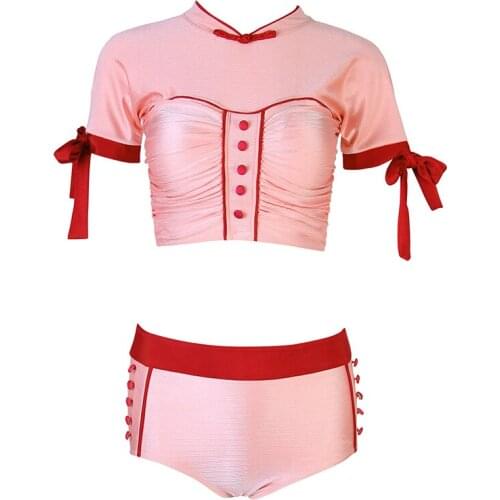 Japanese Women Swimwear Bikini Short Sleeve Sexy Open Back Hot Short Swimsuit High Waist Tankini Bikini Set Ribbon Cute Pink