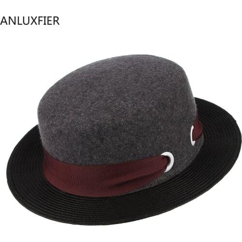 H7199 Lady Wool Fedoras Hat Women Color Splice Rope Fashion Elegant Fedora Cap Female Church Banquet Hats