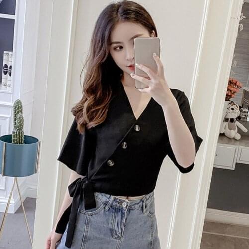 Women Summer V-Neck Thin Bow Tie Middle Sleeve Chiffon Blouse Loose Casual Blouse Tops