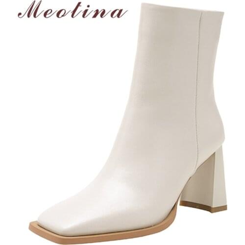 Meotina Genuine Leather Women Fashion Boots Thick High Heel Ankle Boots Square Toe Zipper Ladies Boots Autumn Winter Brown 40