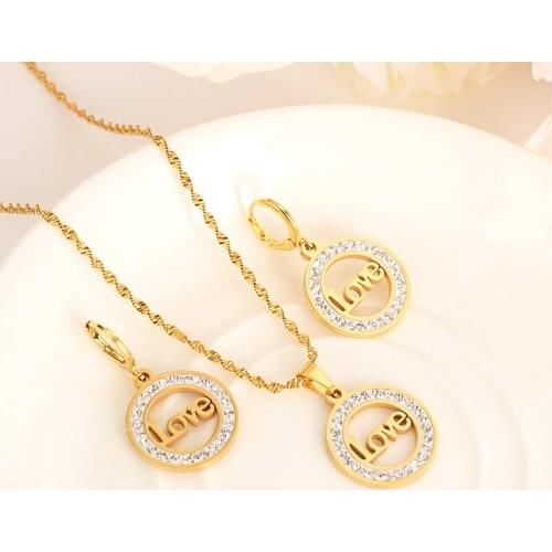 Stainless steel crystal cz love Jewelry Pendant Chain Earrings African Dubai Bride Wedding women girls Bijoux mother gift