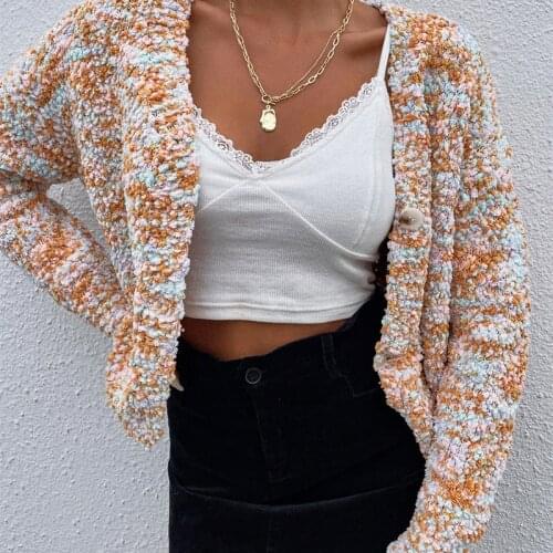 Womens Casual Long Sleeve Cardigan Fashion Tie-dye Short Style Single-breasted Knitted Coat