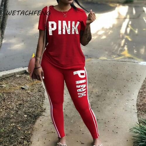Tracksuits For Women Letter Pink Print Tee Tops Matching Sweatpants Casual Summer Outfits Oversized 2 Piece Sets Female Clothing