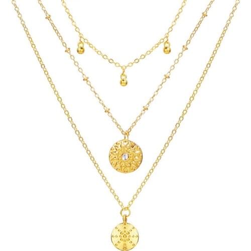 Multi -Layer Gold Beads Chain Necklace Geometric Round Coin Pendant Necklaces for Women Female Trendy Jewelry ketting collier