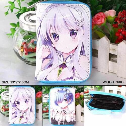 Anime PU Short Wallet/Re:Zero kara Hajimeru Isekai Seikatsu Purse with Zipper/Coin Purse/Zero Wallet Printed w-Emilia & Rem
