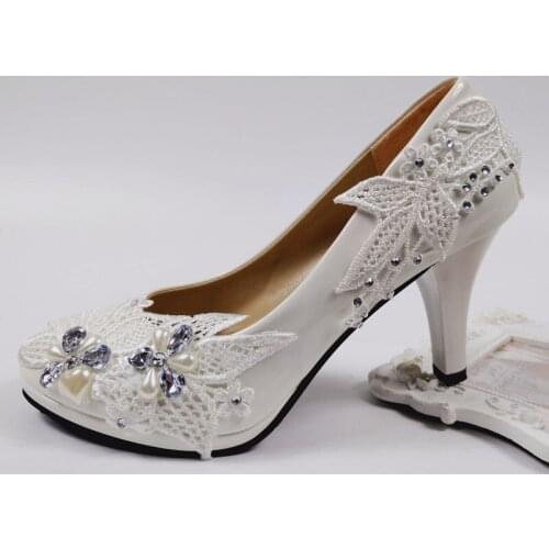 Ankle Strap White Lace shoes womens wedding shoe High heel shoes Thin heel round toe Platform shoes for woman Bridesmaid Shoe