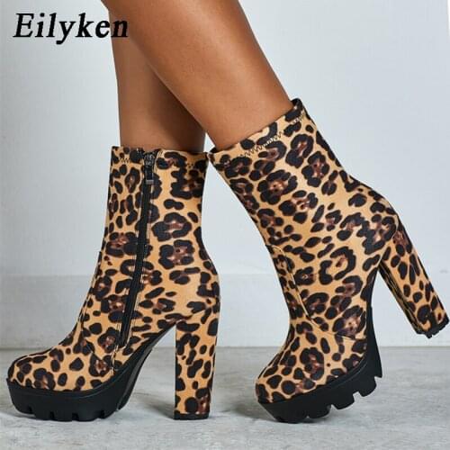 EilyKen Handmade Brown High Square Chunky Heel Booties Leopard Print Platform Heels Side Zippers Ankle Boots Dress Career Woman