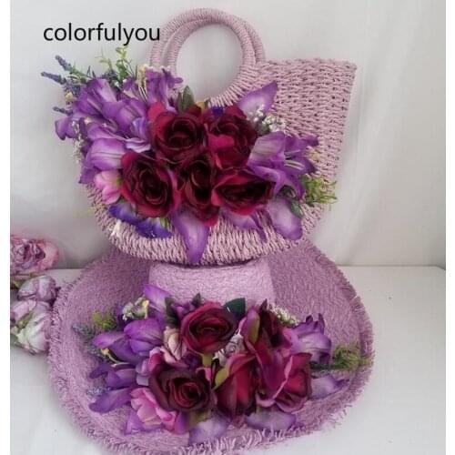 Elegant Woman Straw Bag Round Handle Rattan Bags Handmade Flowers Summer Totes Woven Beach Ladies Bohemia Girls Travel Handbags