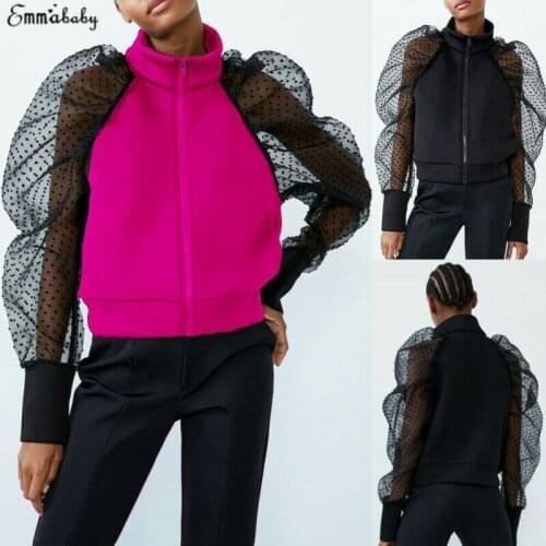 Hirigin Women Casual hoodies See through patchwork Sheer Mesh hoody Patchwork Button Puff Long Sleeve coat 2020 fashion Tops