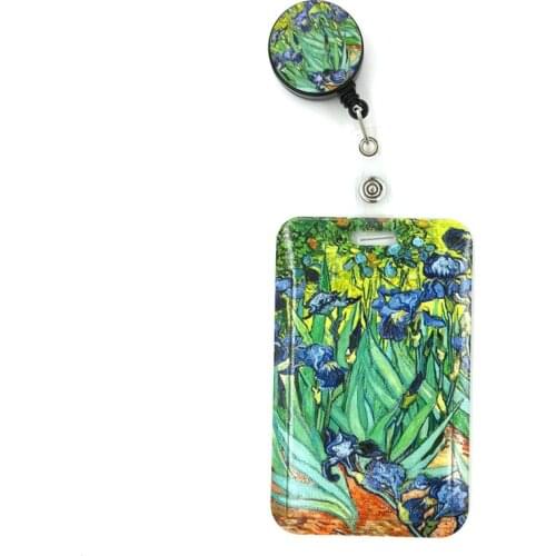 Van gogh Oil Painting Irises Cute Card Cover Clip Lanyard Retractable Student Nurse Badge Reel Clip Cartoon ID Card accessories