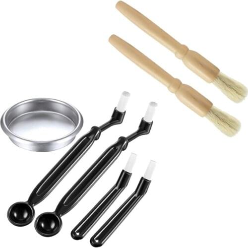Coffee Machine Brush with Spoon&58mm Stainless Steel Back Flush Insert Metal Blind Filter&Wood Coffee Cleaning Brush