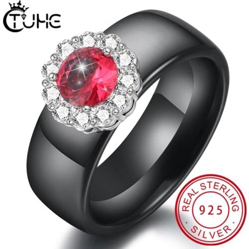 Genuine 925 Sterling Silver Ceramic Rings luxury Crystal Red Flower Wedding Rings for Women Circle Gem Rings Healthy Jewelry